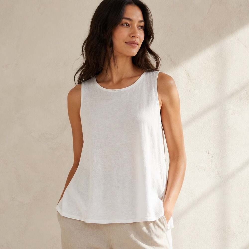 Eileen Fisher Organic Linen Scoop Neck White Tank Top Petite PM
